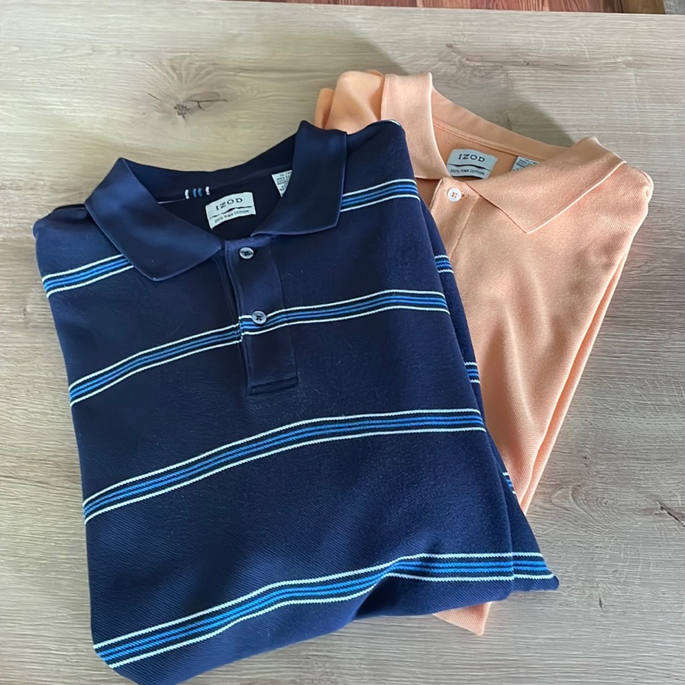 2 for Deal Men's Izod Polo Shirts - Size XL Blue/with Strips & Solid Orange